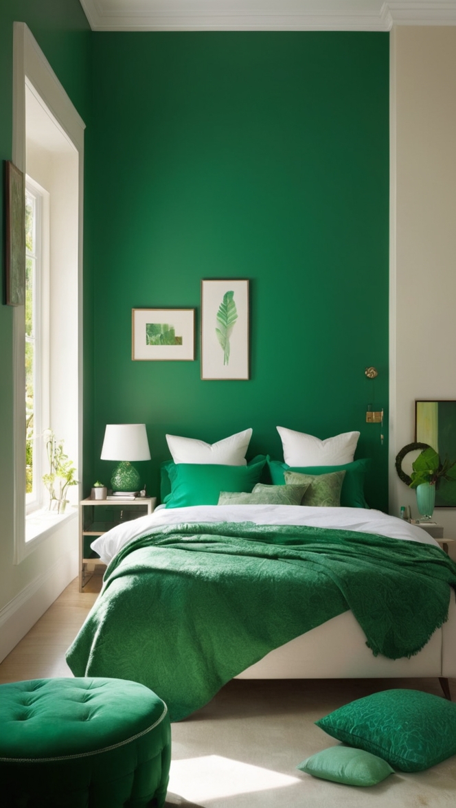 emerald green bedding, emerald green decor, emerald green walls, emerald green furniture, emerald green carpet