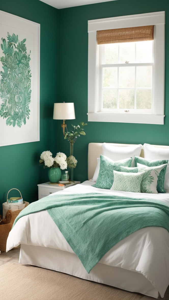emerald green paint, green bedroom decor, emerald green bedding, emerald green curtains, green velvet bedspread
