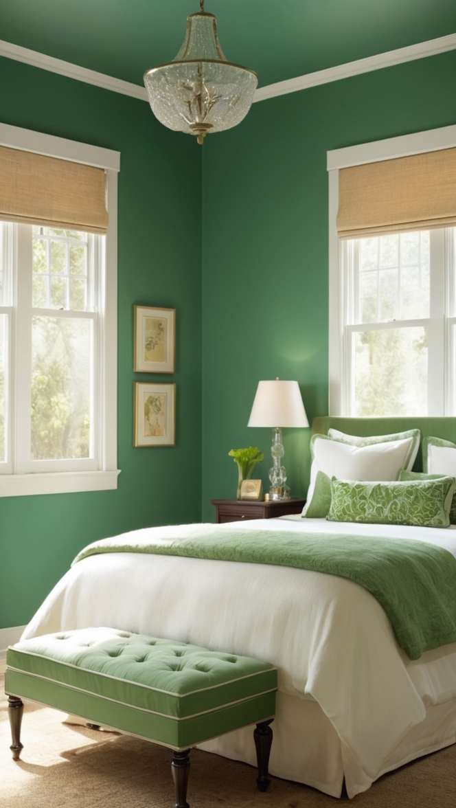 emerald green paint, green bedroom decor, emerald green bedding, emerald green curtains, green velvet bedspread