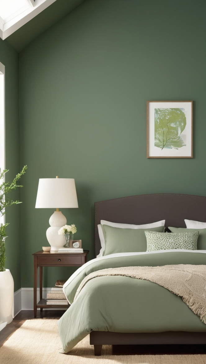 forest green paint, forest green walls, forest green decor, dark green bedroom, emerald green bedroom