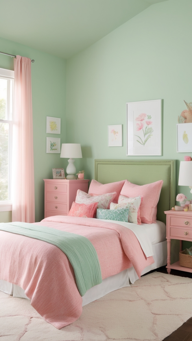 green bedroom decor, pink and green bedroom ideas, best green and pink bedding, beautiful pink and green room, trendy green and pink color palette