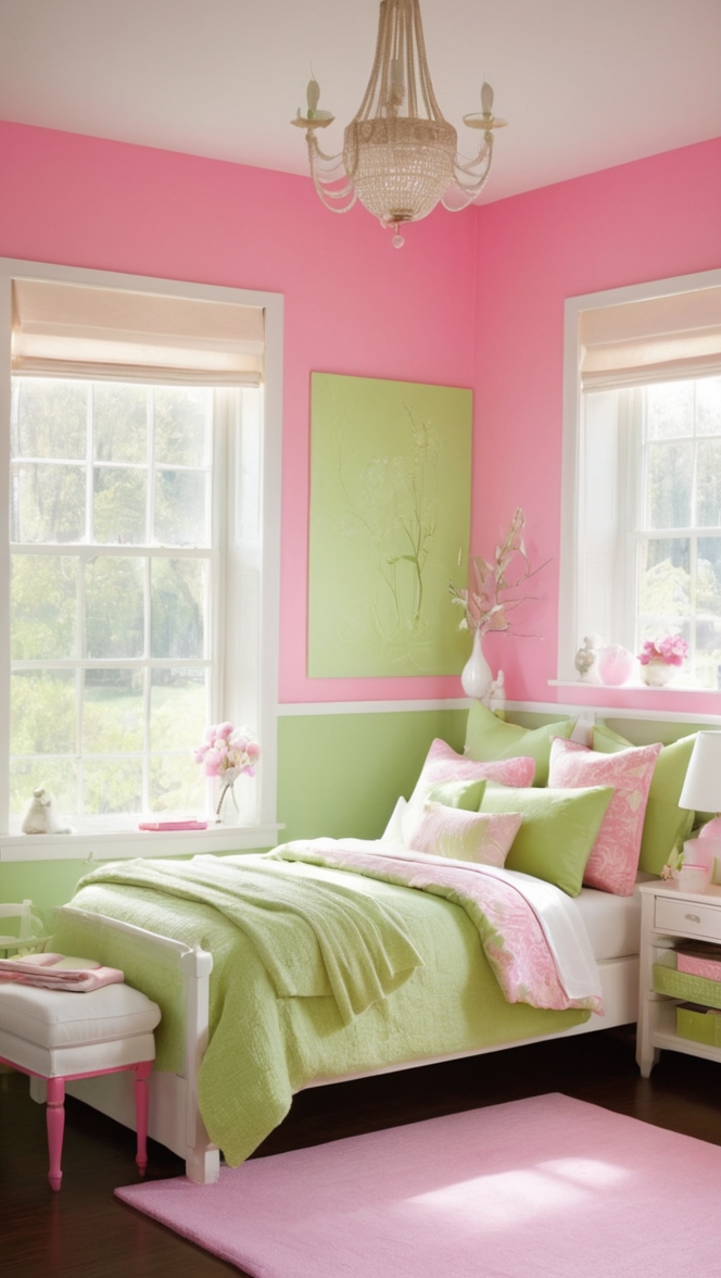 green bedroom decor, pink and green bedroom ideas, best green and pink bedding, beautiful pink and green room, trendy green and pink color palette