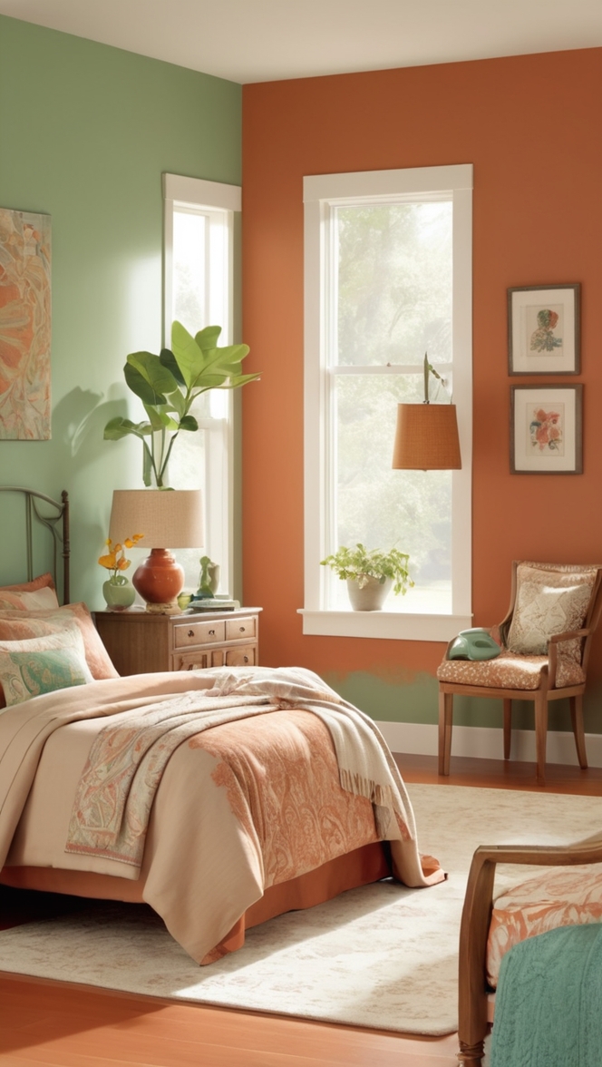 green bedroom decor, terracotta bedding, bohemian bedroom ideas, earthy bedroom design, cozy bedroom colors