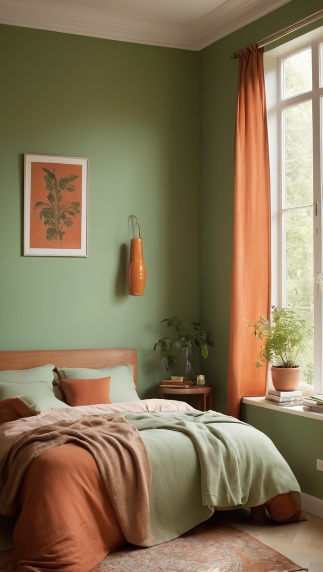green bedroom decor, terracotta bedding, bohemian bedroom ideas, earthy bedroom design, cozy bedroom colors