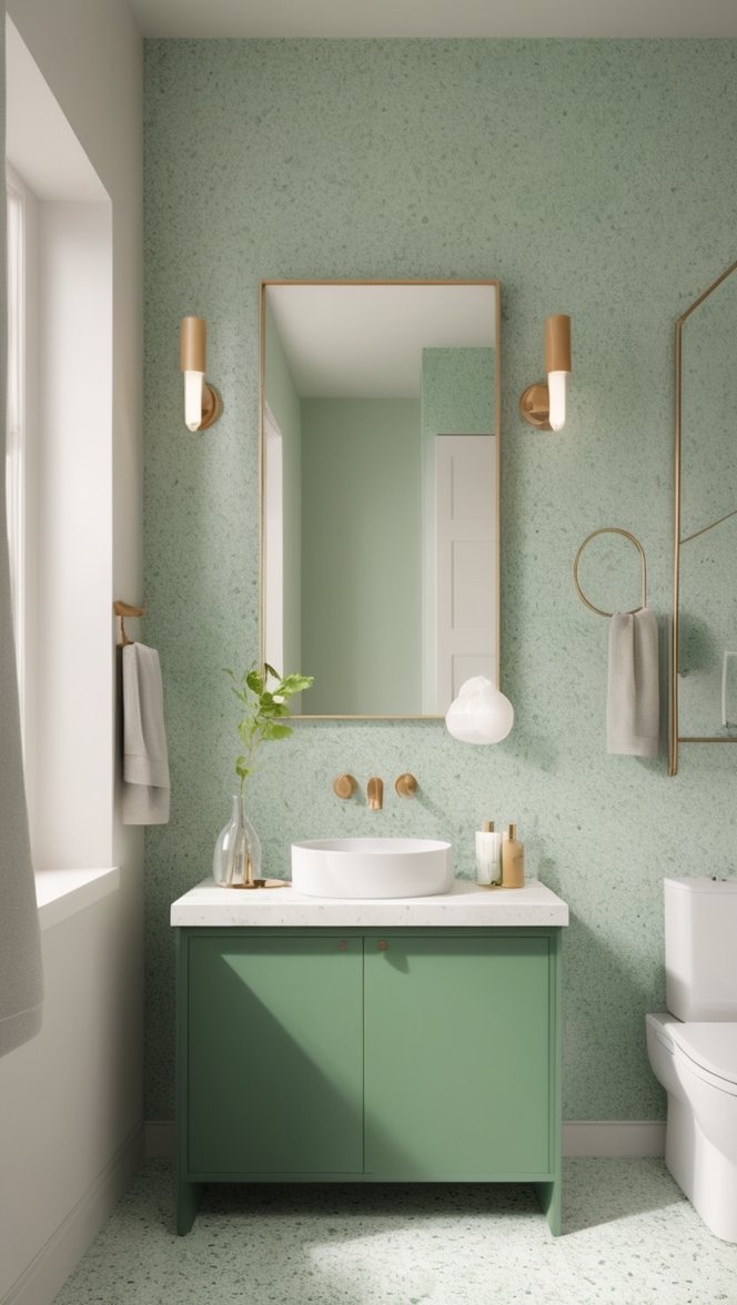 terrazzo bathroom, terrazzo tiles, green tiles, bathroom design, terrazzo floor