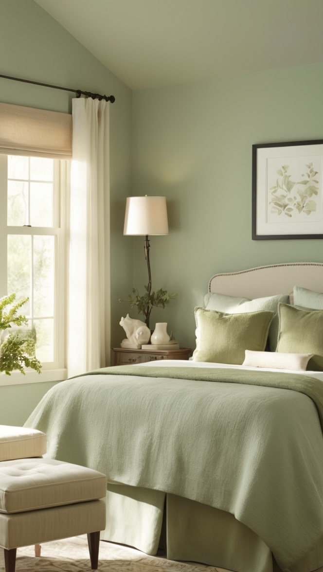 sage green decor, green bedroom ideas, light green paint, sage green curtains, green bedroom accessories