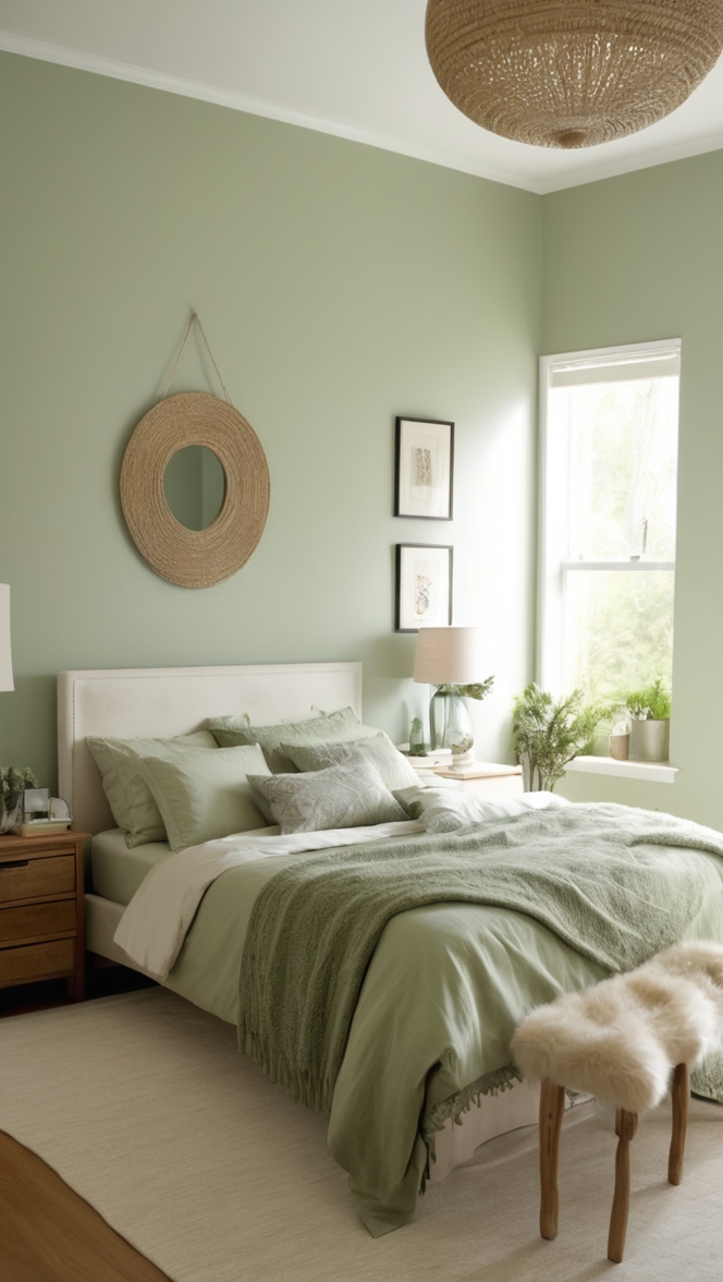 sage green decor, green bedroom ideas, light green paint, sage green curtains, green bedroom accessories