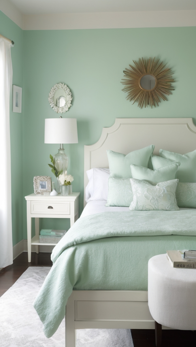 mint green paint, mint green decor, sage green bedroom, pastel green bedroom, emerald green bedroom