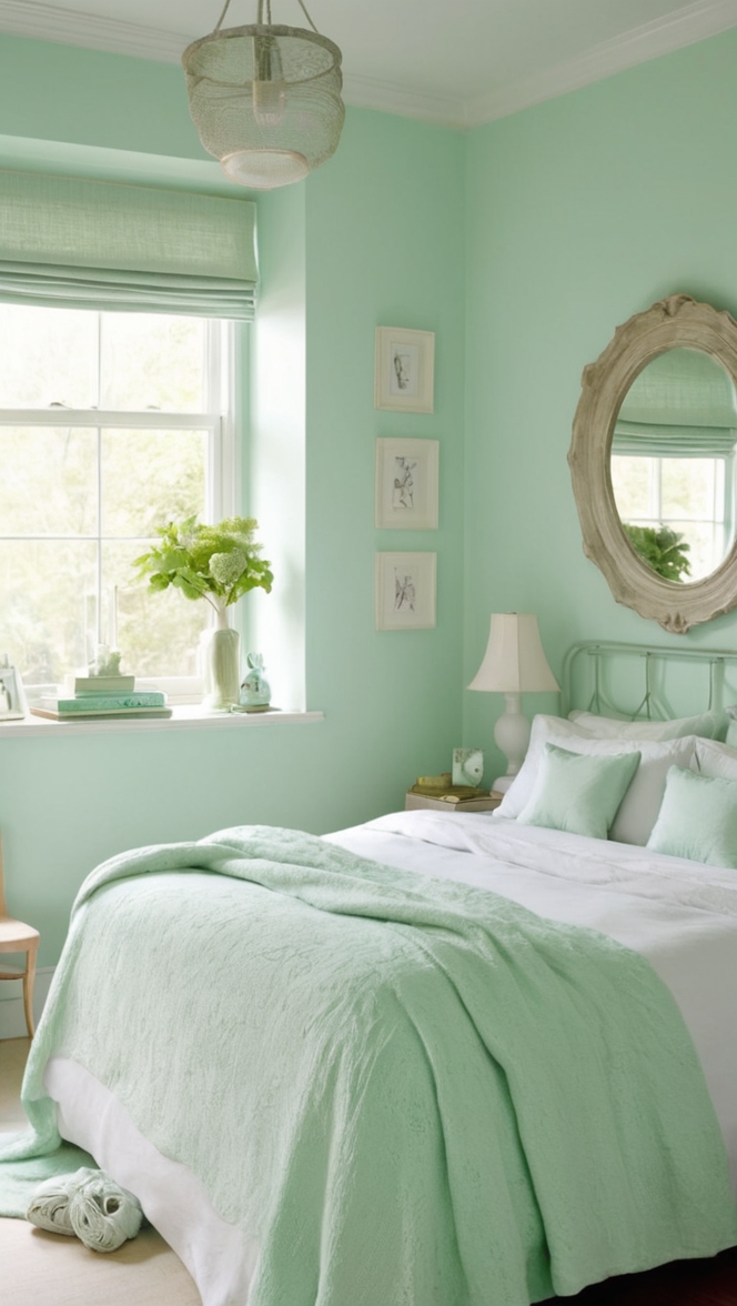 mint green paint, mint green decor, sage green bedroom, pastel green bedroom, emerald green bedroom
