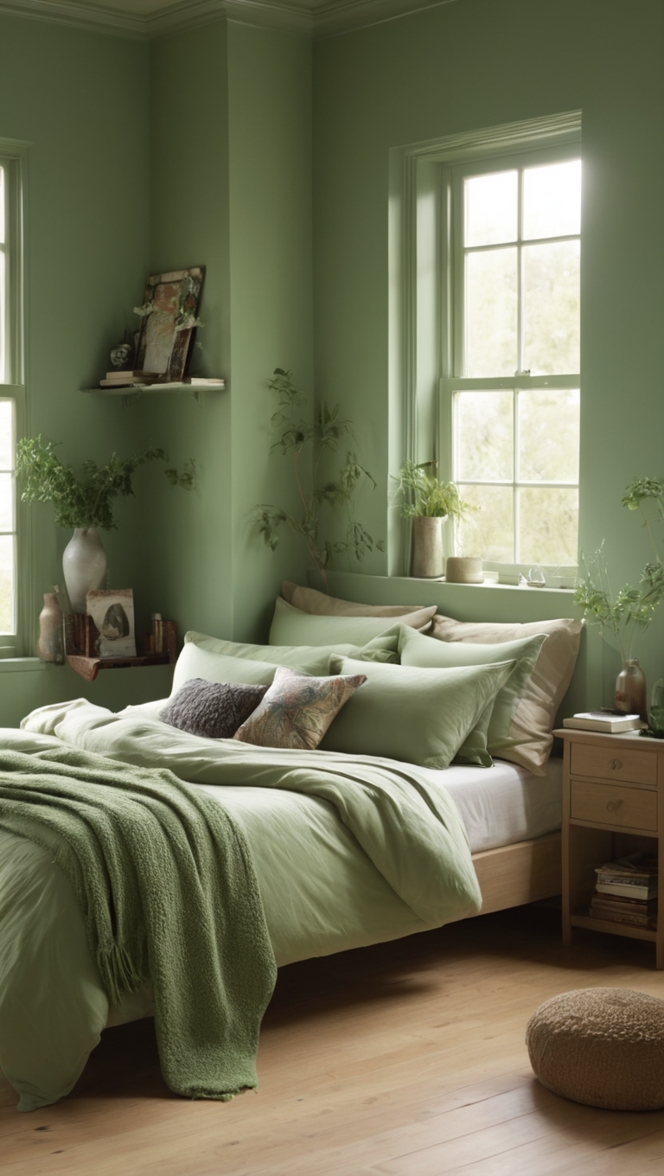 green bedroom decor, moody green paint colors, luxury green bedding, dark green bedroom walls, elegant emerald bedroom