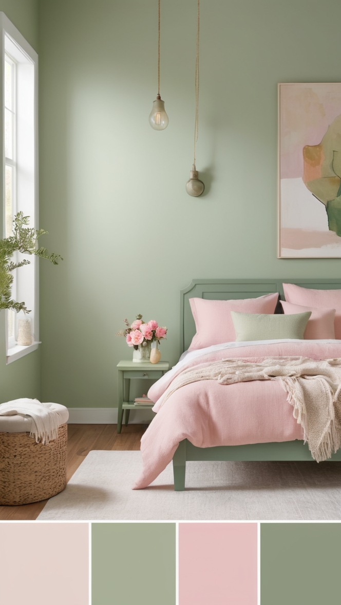 sage green wall paint, pastel pink decor, bedroom color scheme, soft pink accents, green and pink color palette
