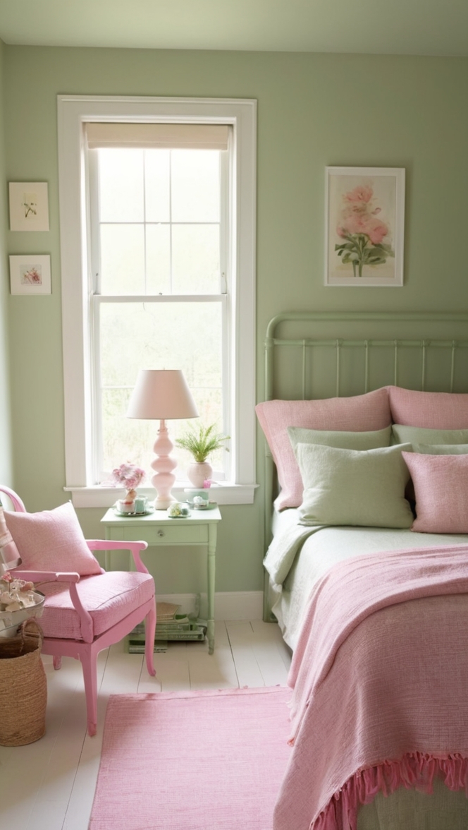 sage green wall paint, pastel pink decor, bedroom color scheme, soft pink accents, green and pink color palette