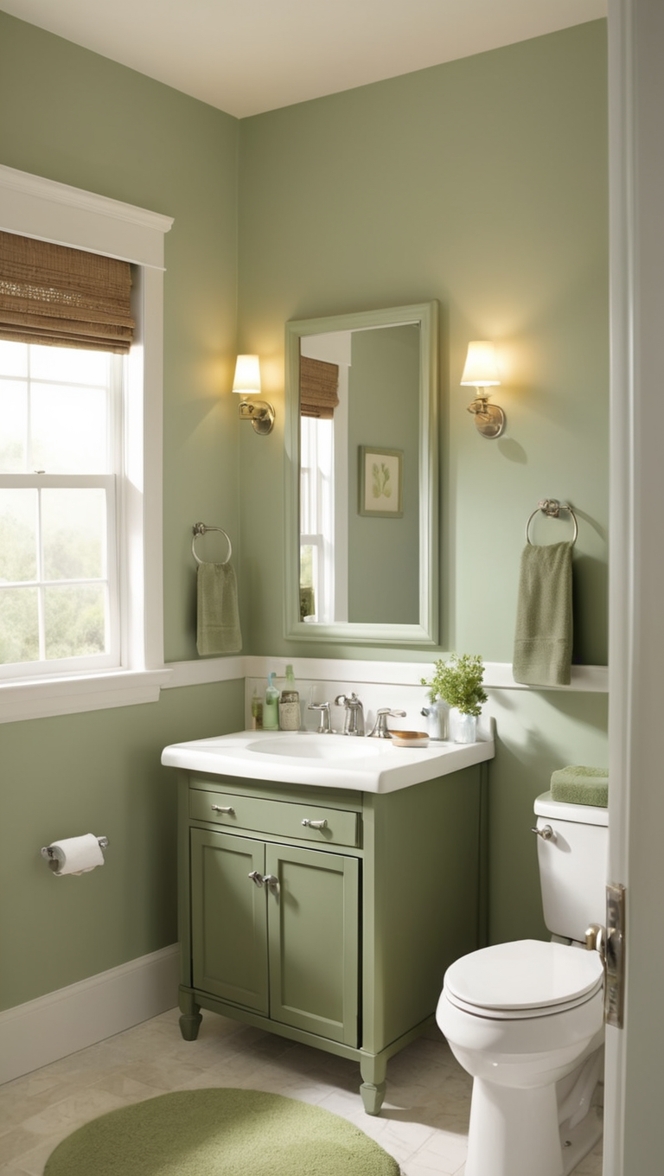 sage green tile, green bathroom decor, sage green paint, bathroom renovation, sage green vanity