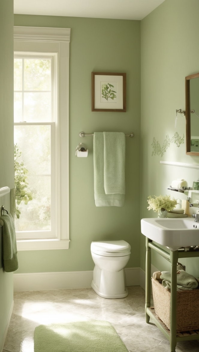 sage green tile, green bathroom decor, sage green paint, bathroom renovation, sage green vanity