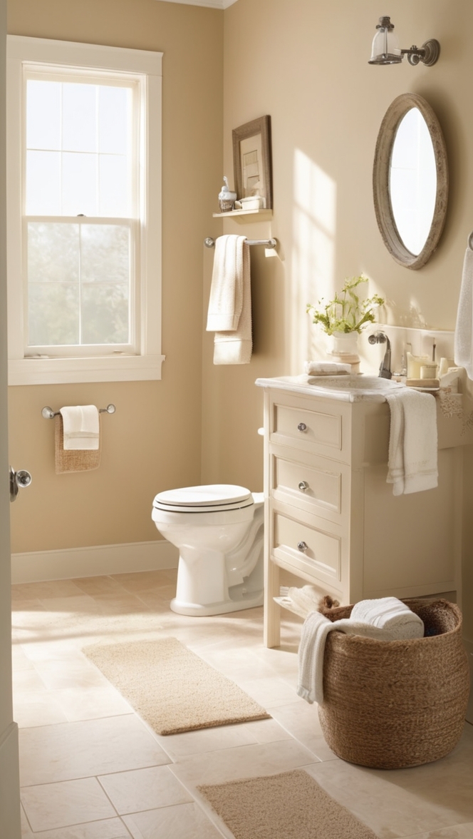 white marble bathroom , beige tile bathroom , neutral bathroom decor , elegant bathroom design , modern minimalist bathroom