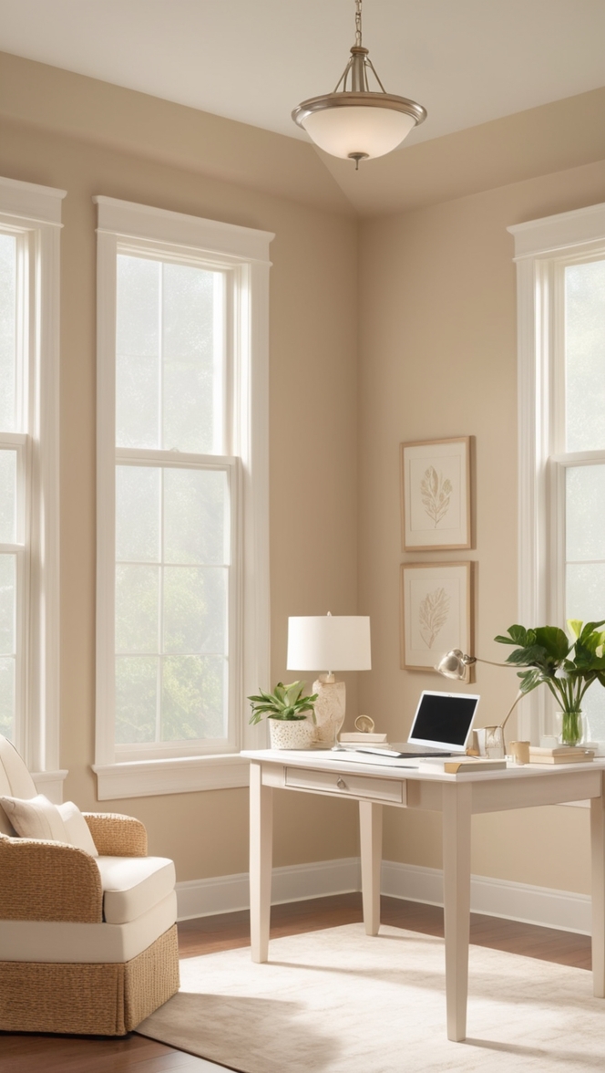 beige office decor, modern office design, stylish home office, minimalist workspace, chic office space