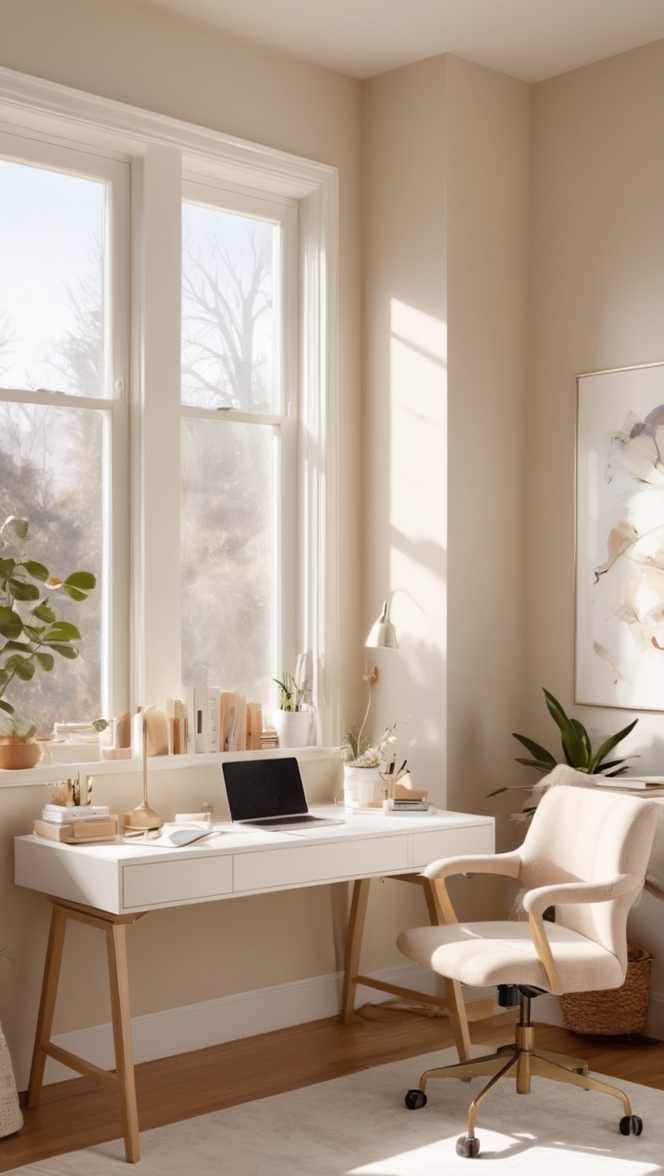 beige office decor, modern office design, stylish home office, minimalist workspace, chic office space
