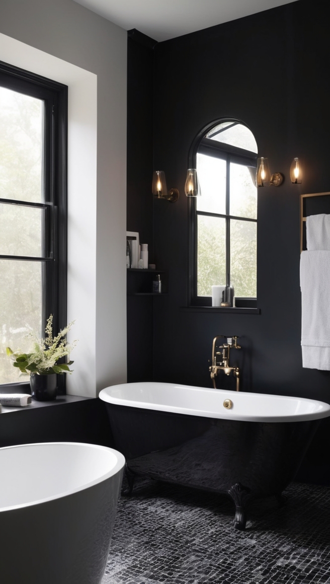 black bathroom tiles, modern black bathroom, black bathroom faucets, sleek black bathroom, black bathroom vanity