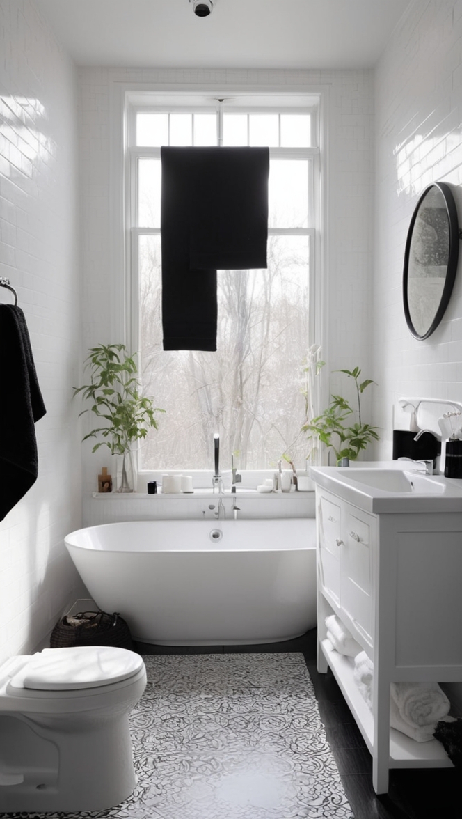 black and white bathroom decor, black and white bathroom tiles, monochrome bathroom design, minimalist bathroom ideas, elegant bathroom interior