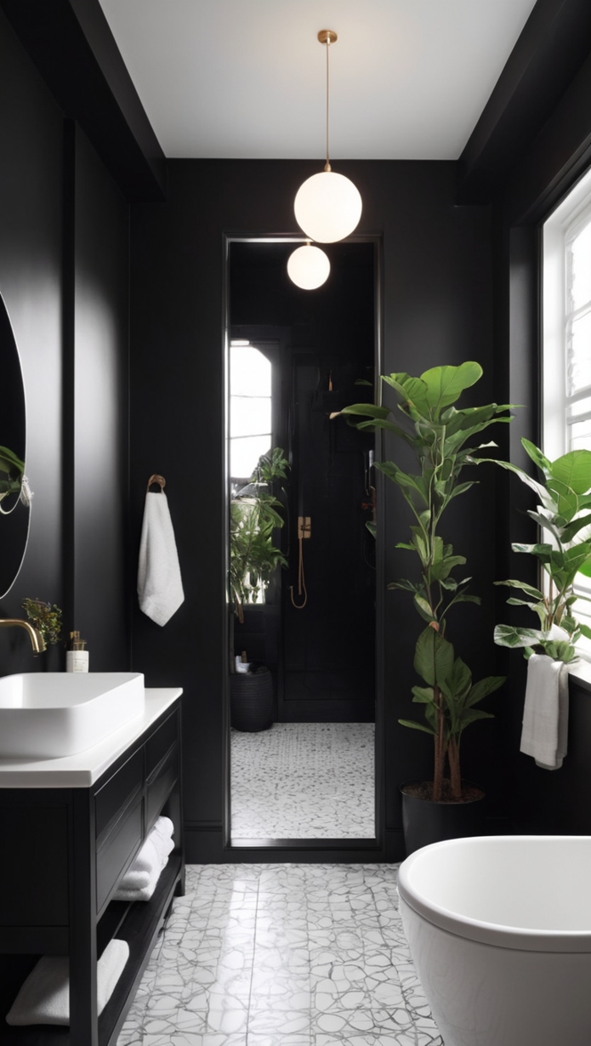 modern black bathroom design, luxury black bathroom ideas, black bathroom decor, sleek black bathroom, dark black bathroom tiles