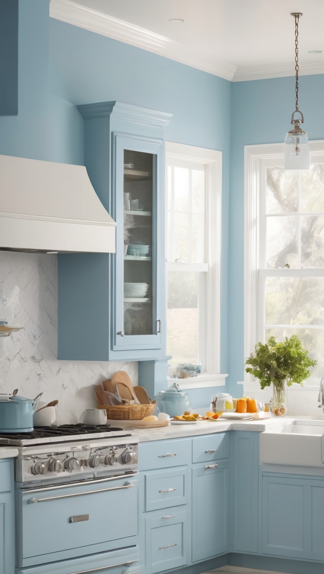 blue and white kitchen cabinets, navy blue kitchen, white kitchen tile, blue kitchen island, white kitchen backsplash