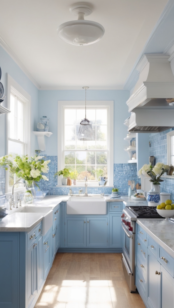 blue and white kitchen cabinets, navy blue kitchen, white kitchen tile, blue kitchen island, white kitchen backsplash
