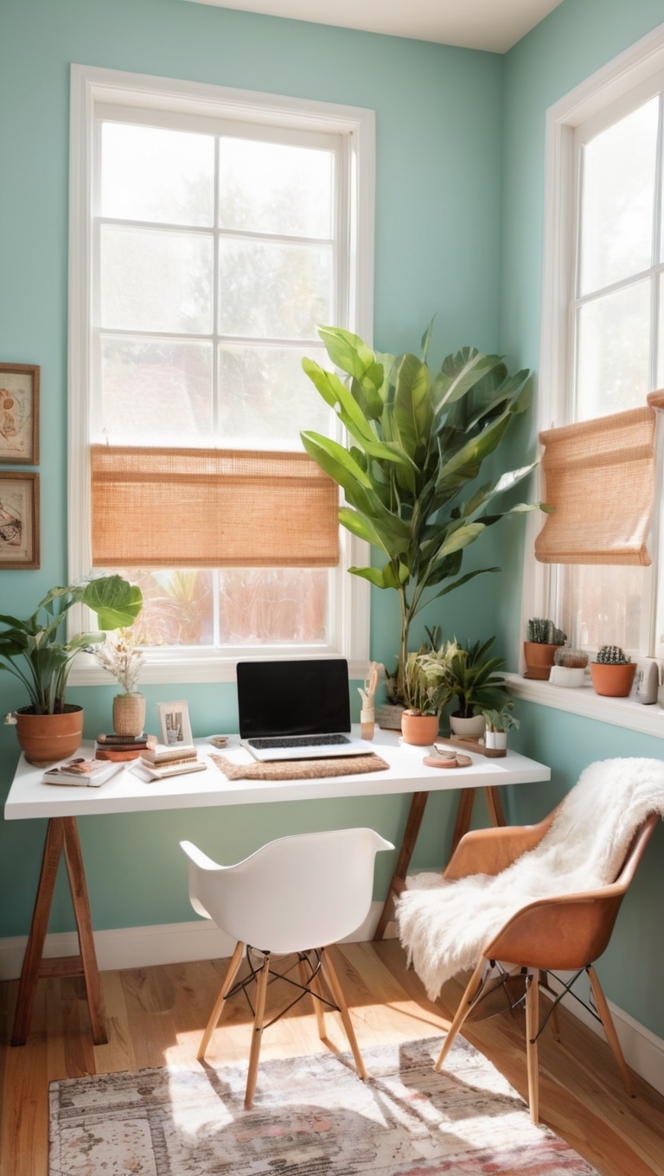 boho office decor, bohemian chic interior, minimalist desk setup, vintage workspace design, eclectic home office