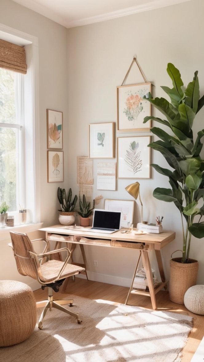 boho office decor, bohemian chic interior, minimalist desk setup, vintage workspace design, eclectic home office