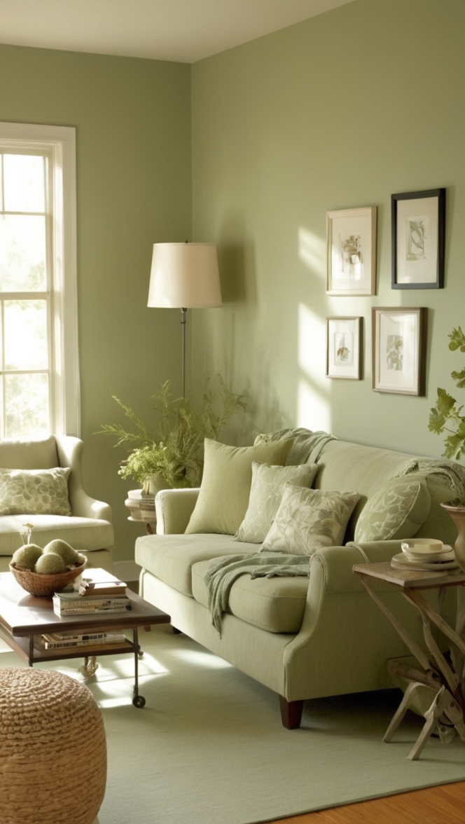 sage green sofa, sage green paint, sage green decor, sage green furniture, sage green curtains
