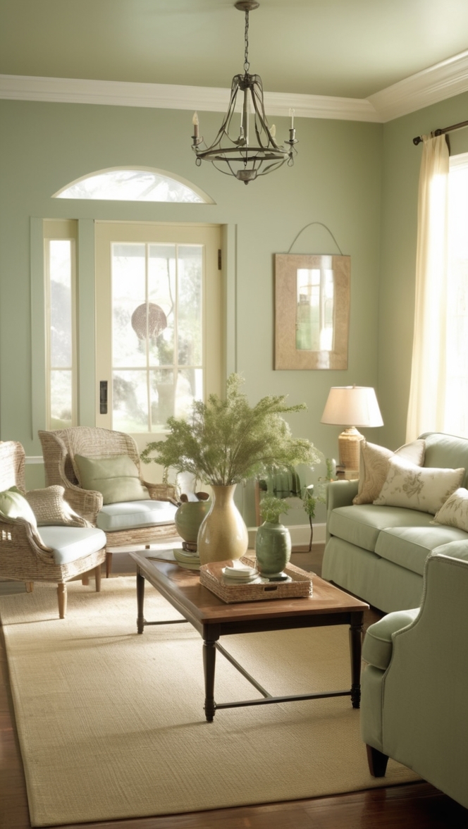 cream colored sofa, sage green walls, living room decor, modern farmhouse style, home interior design