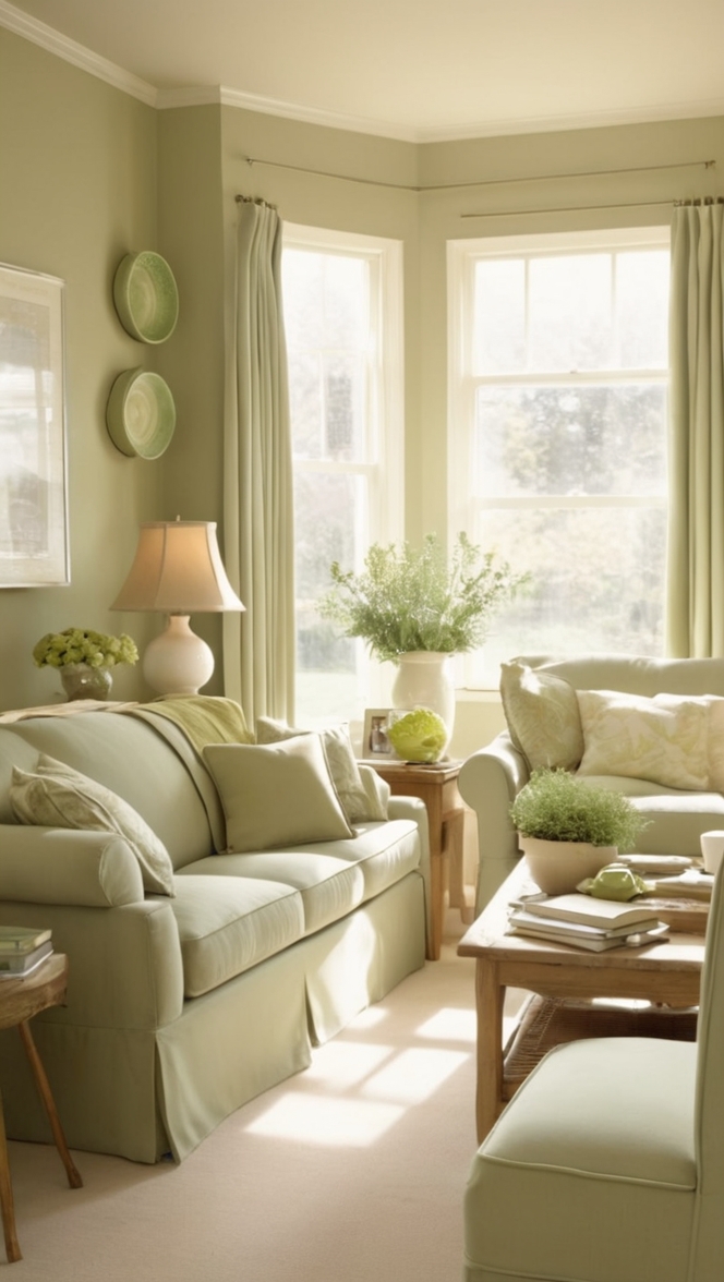 cream colored sofa, sage green walls, living room decor, modern farmhouse style, home interior design
