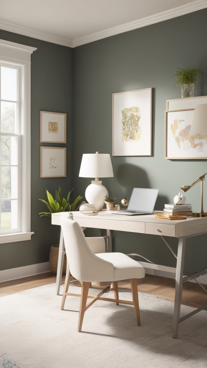 dark home office decor, moody workspace design, elegant home office interior, cozy office setup, minimalist dark office design