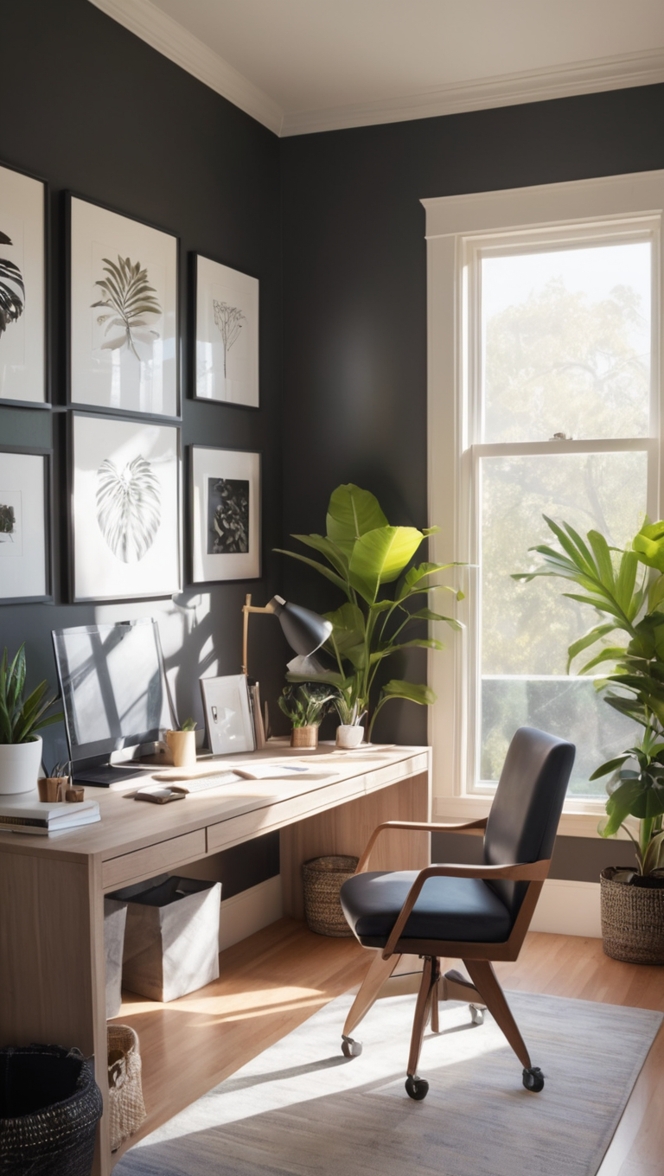 dark home office decor, moody workspace design, elegant home office interior, cozy office setup, minimalist dark office design