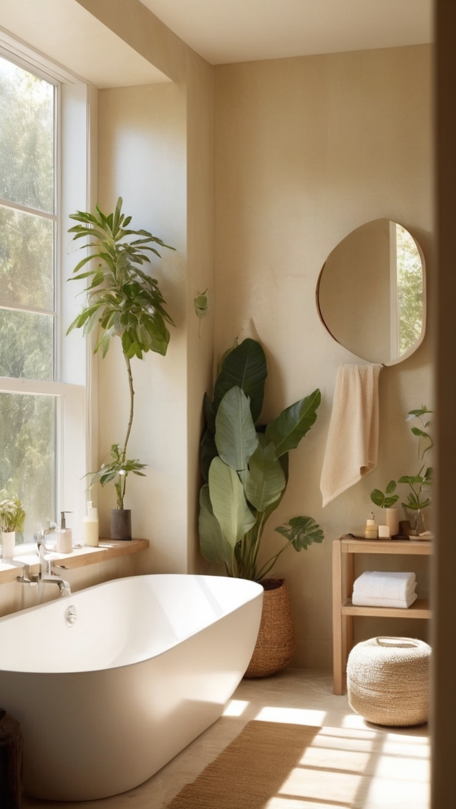 organic bathroom design, natural stone bathroom, rustic bathroom decor, eco-friendly bathroom, minimalist bathroom style