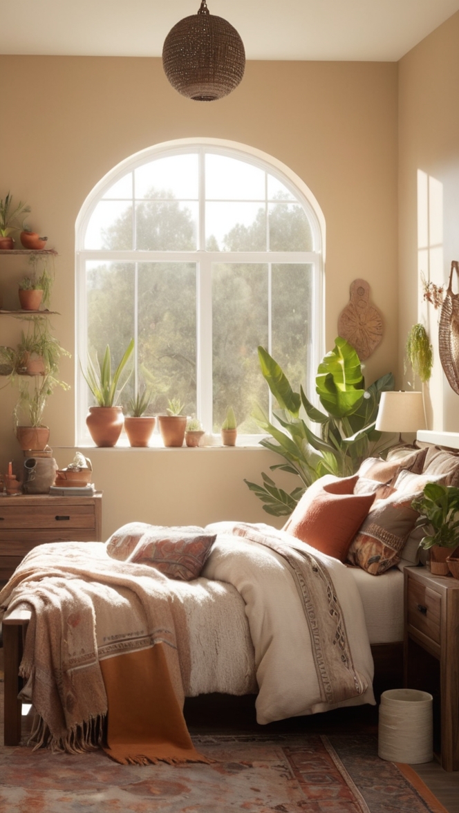 bohemian bedroom decor, bohemian bedding, boho chic bedroom, natural bedroom ideas, earthy home decor