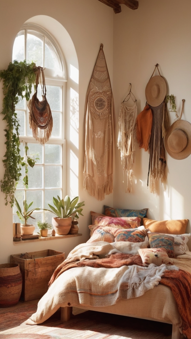 bohemian bedroom decor, bohemian bedding, boho chic bedroom, natural bedroom ideas, earthy home decor