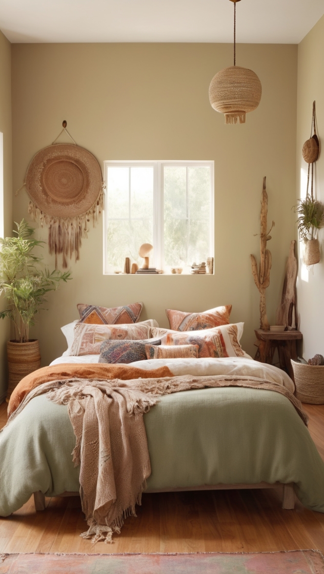 boho bedroom decor, earthy bedroom ideas, boho chic style, natural bedroom design, boho wall art