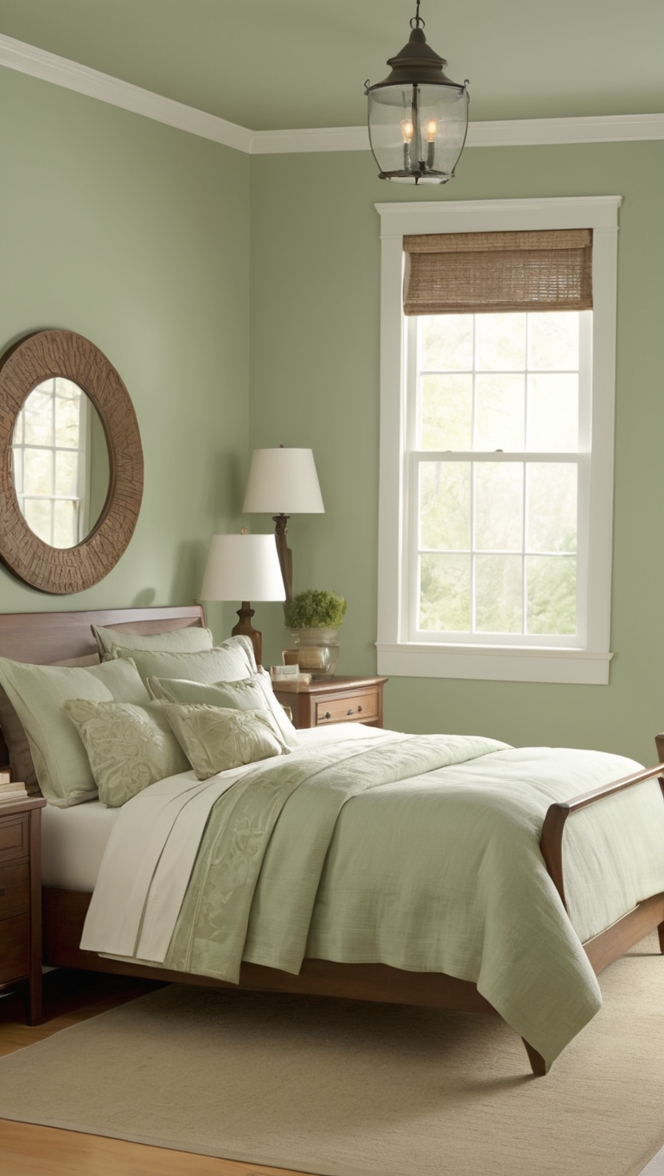 light green bedroom, sage green decor, soft green walls, pastel green bedroom, muted green interiors
