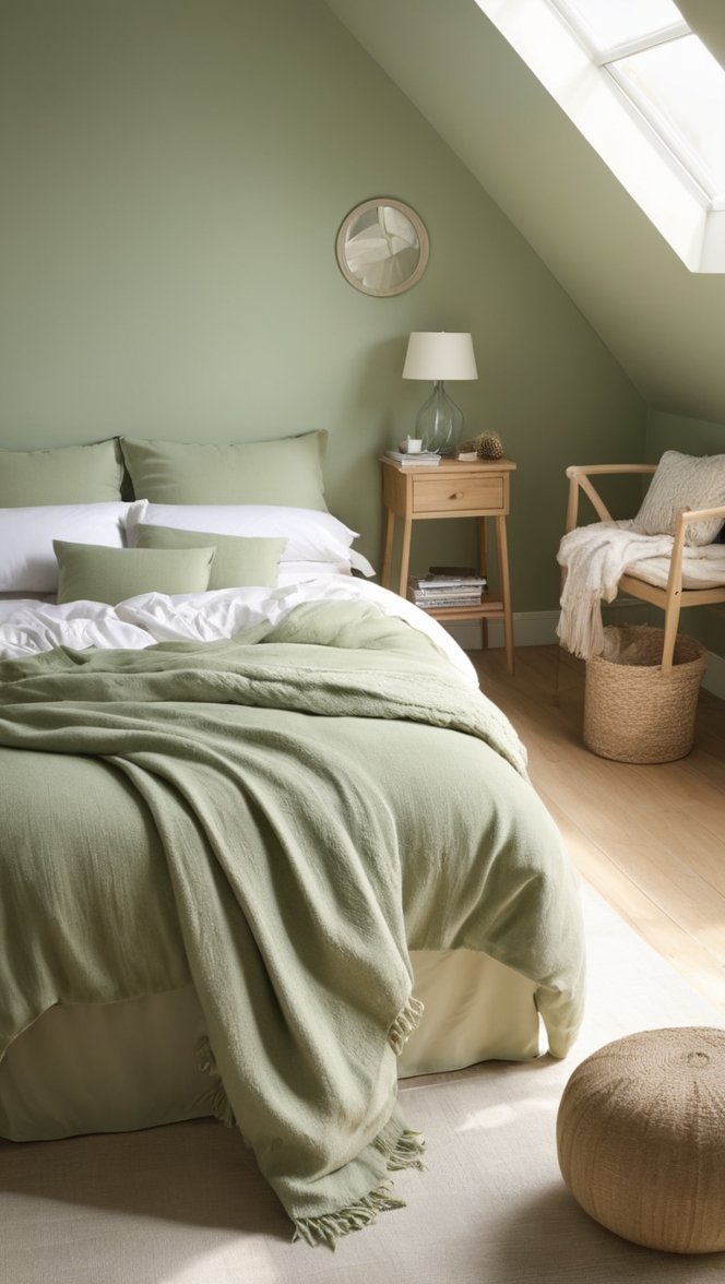 light green bedroom, sage green decor, soft green walls, pastel green bedroom, muted green interiors