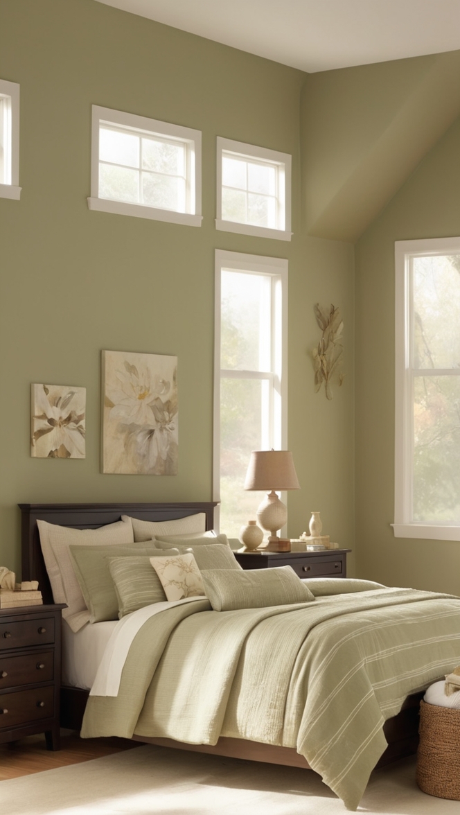 olive green bedding, beige wall paint, bedroom decor ideas, green and beige color scheme, olive green curtains