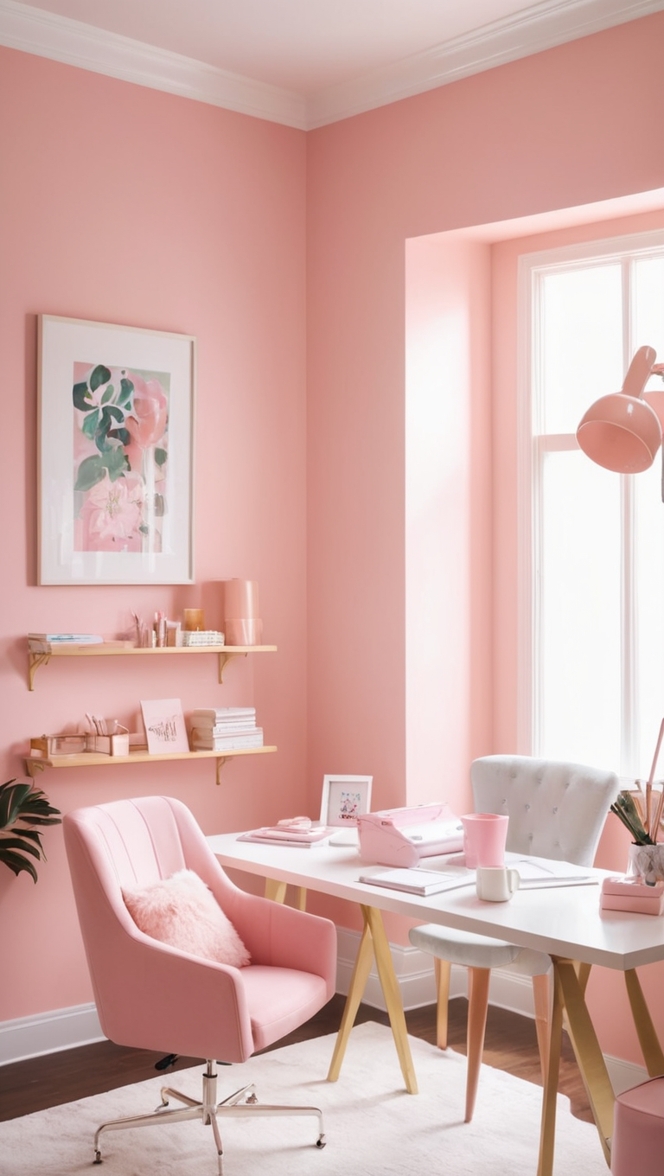 pink office decor, trendy office accessories, feminine work space design, chic home office ideas, stylish desk accessories