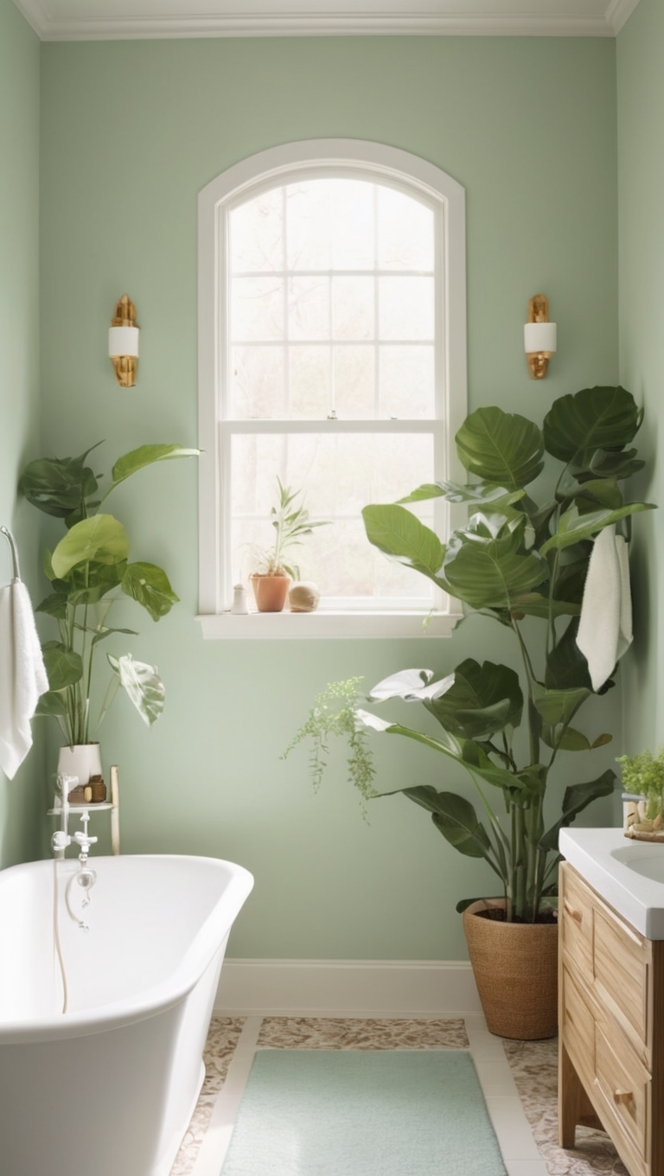 plant decor, bathroom renovation, modern design, potted plants, interior styling