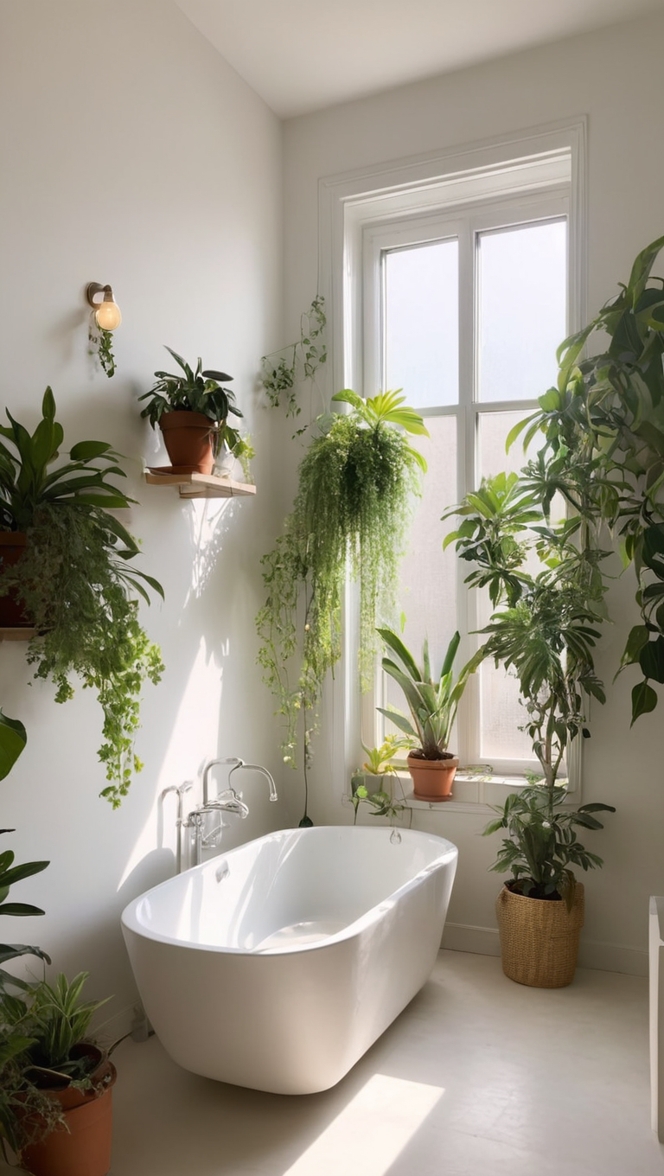 plant decor, bathroom renovation, modern design, potted plants, interior styling
