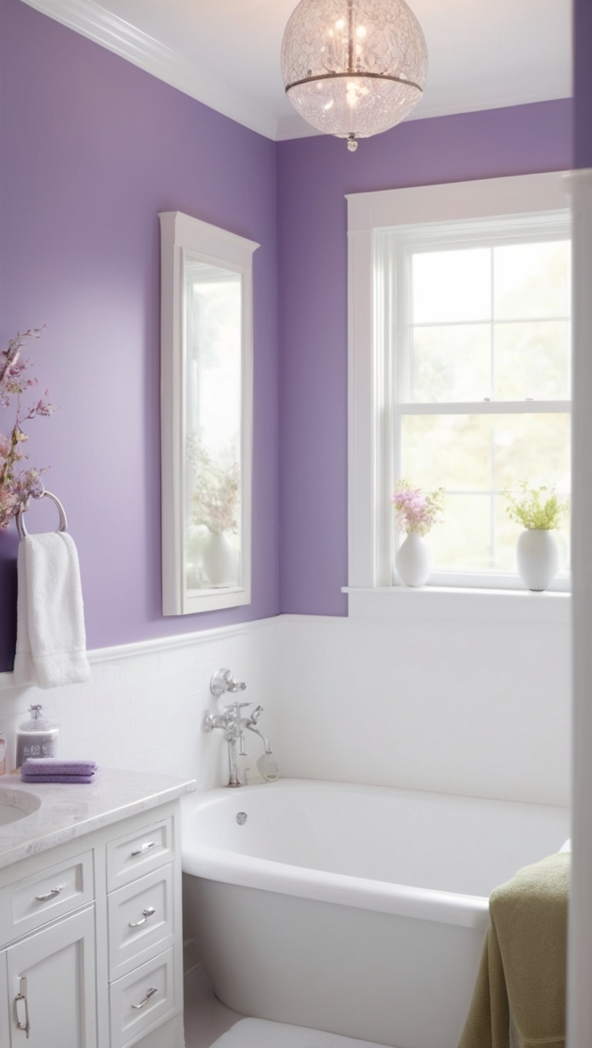 purple bathroom decor, modern purple bathroom, lavender bathroom ideas, elegant purple bathroom, stylish purple bathroom