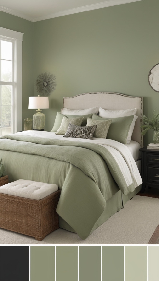 sage green bedroom decor, sage green painted walls, black and green bedroom ideas, modern black and green bedroom, green and black bedroom design
