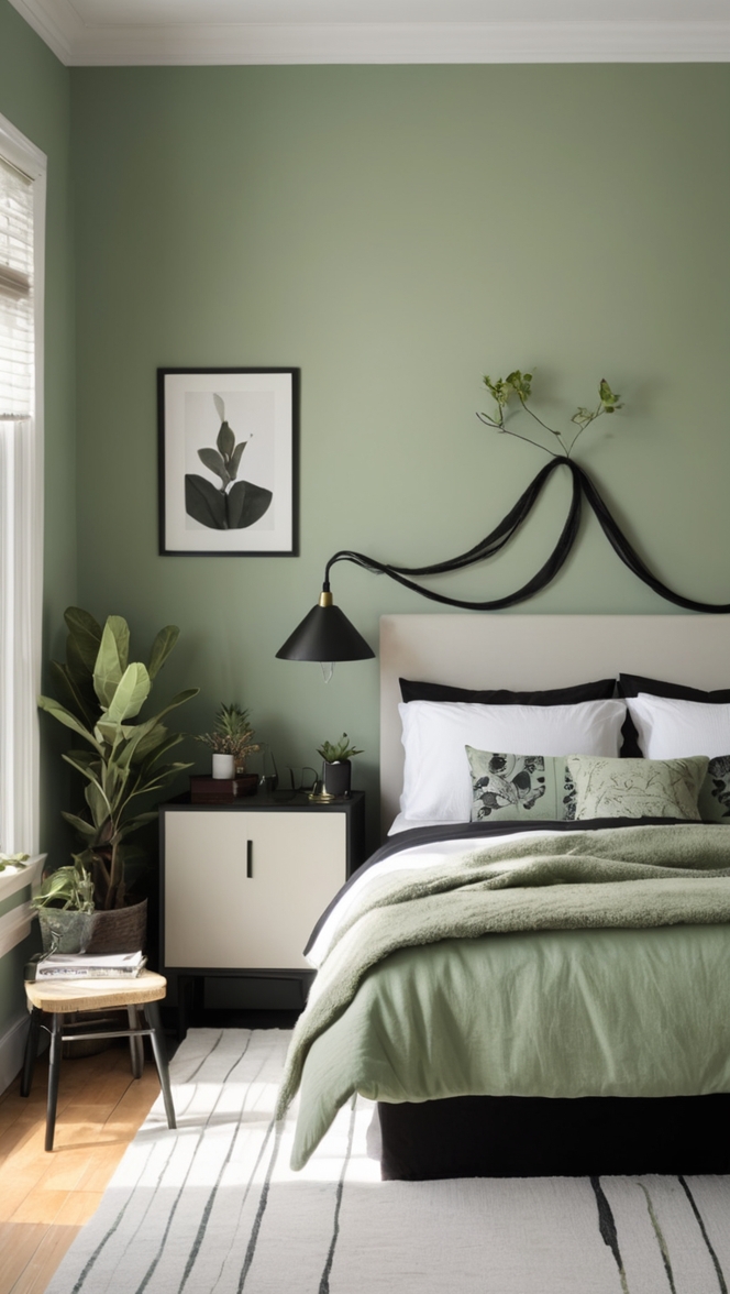 sage green bedroom decor, sage green painted walls, black and green bedroom ideas, modern black and green bedroom, green and black bedroom design