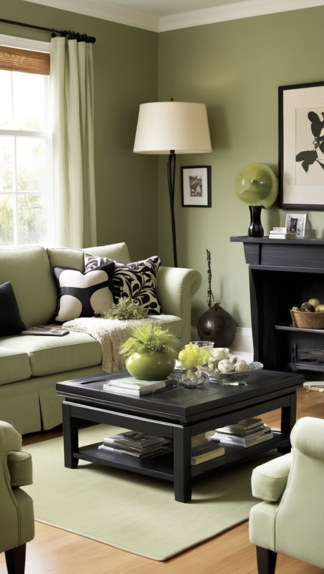 sage green sofa, black accent wall, modern living room decor, green and black color scheme, contemporary home design