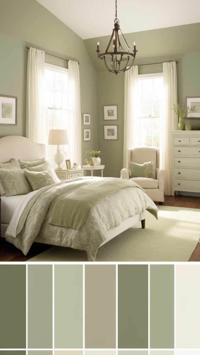 sage green bedroom decor, cream and green bedroom, elegant bedroom design, luxurious bedroom ideas, neutral bedroom color palette