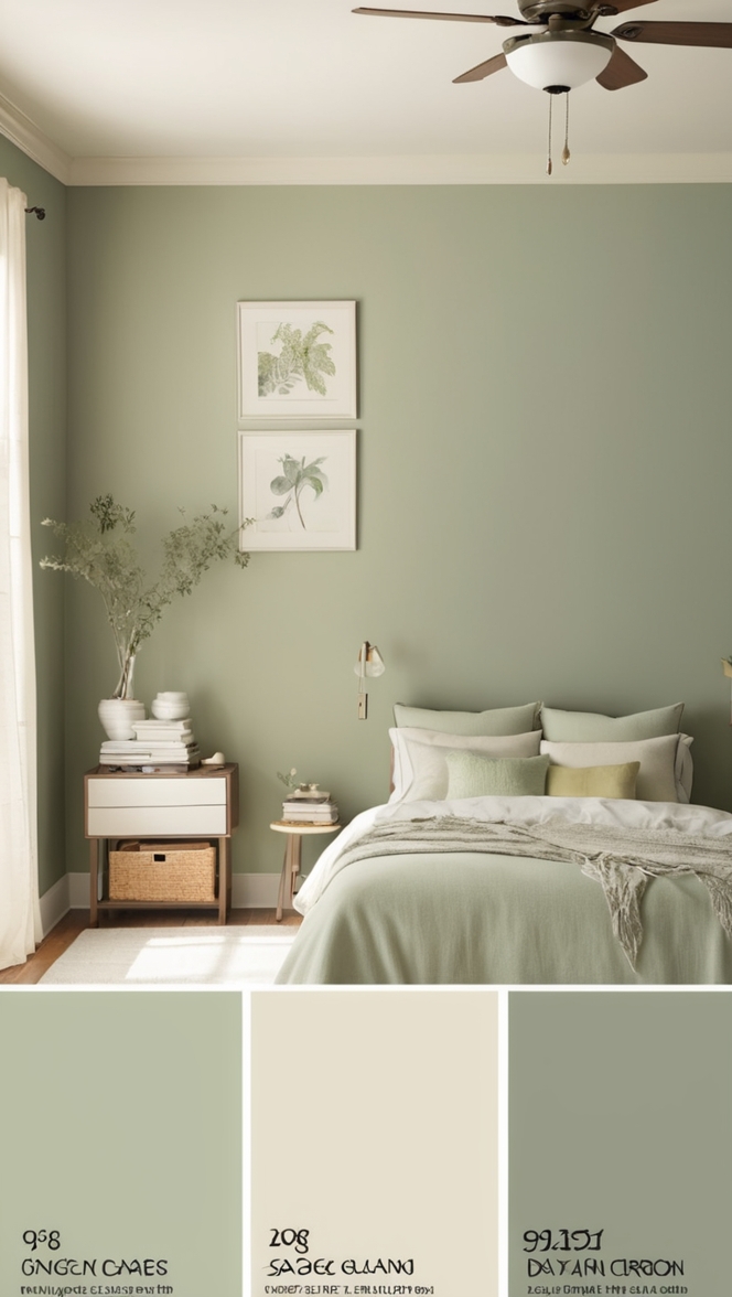sage green bedroom decor, cream bedding, sage green furniture, cream and green bedroom, sage green walls