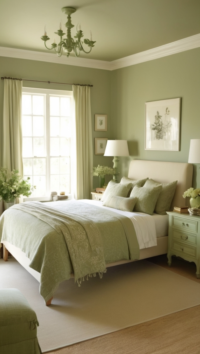 sage green bedroom decor, cream and green bedroom, elegant bedroom design, luxurious bedroom ideas, neutral bedroom color palette